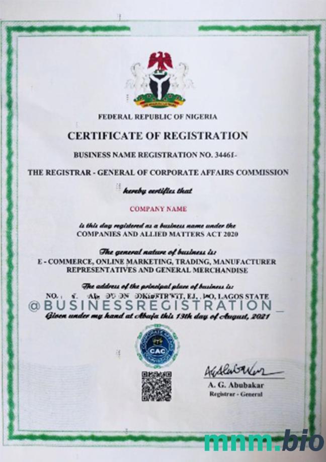 Nigeria certyfikat rejestracji Word i PDF szablon